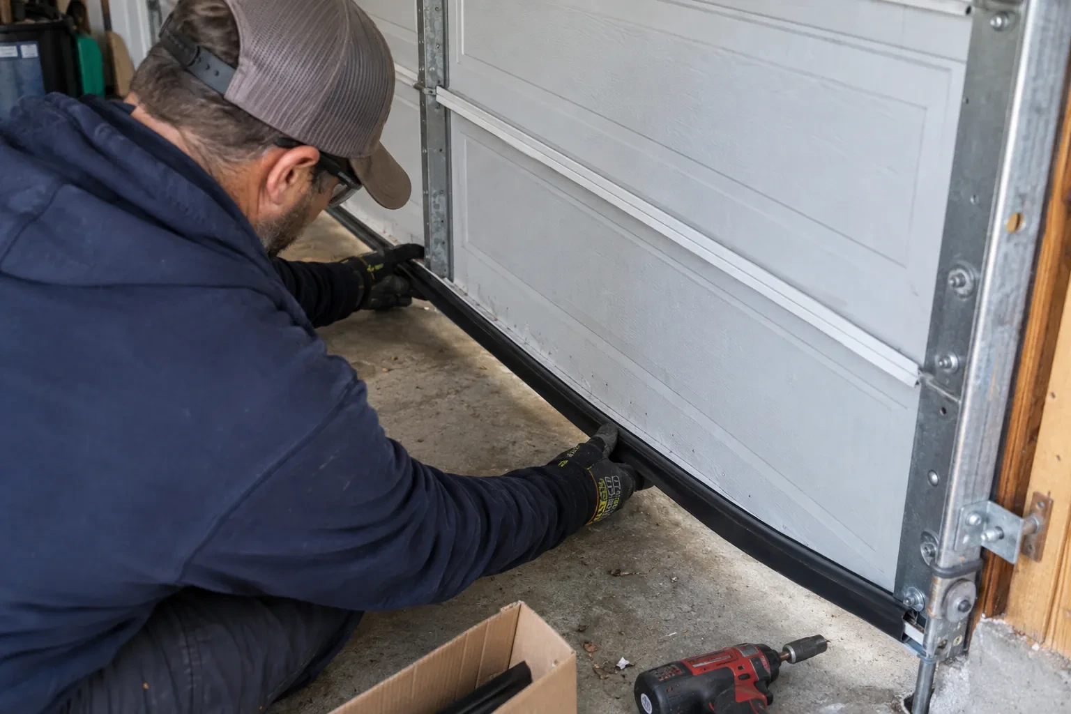 Gloved hands pressing a black rubber seal along the bottom edge of a paneled garage door, with a red drill nearby. — Centennial