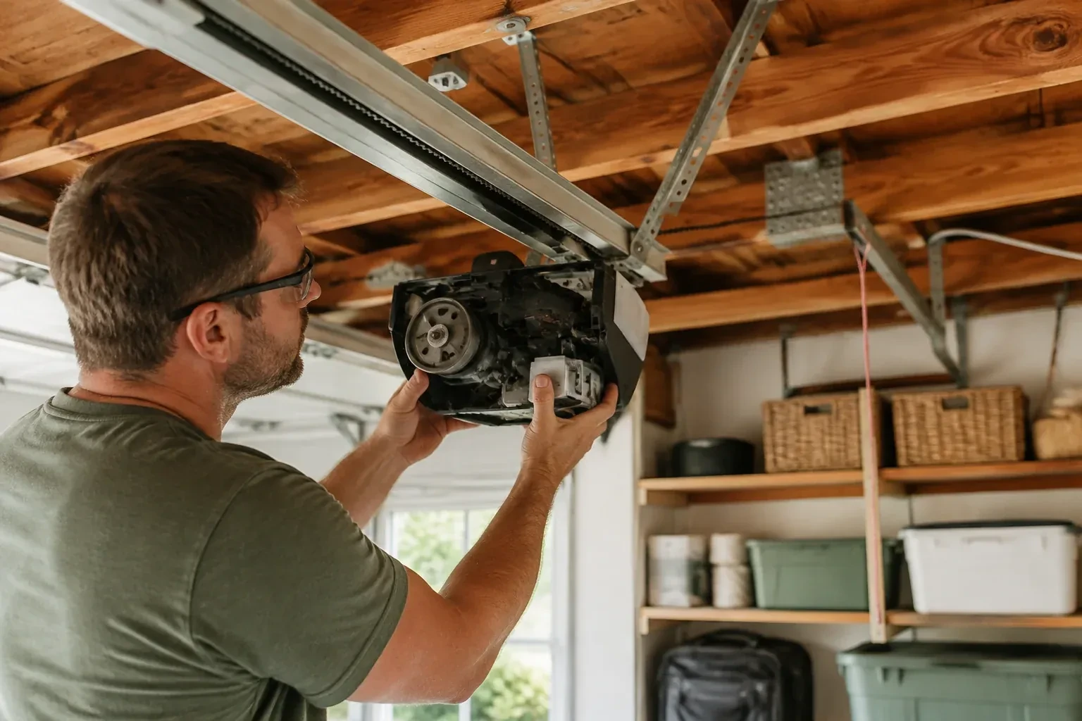 Person in a green shirt and glasses holding an opened opener housing that shows a gear, under wooden ceiling joists. — Belt-Drive Opener Repair, Centennial
