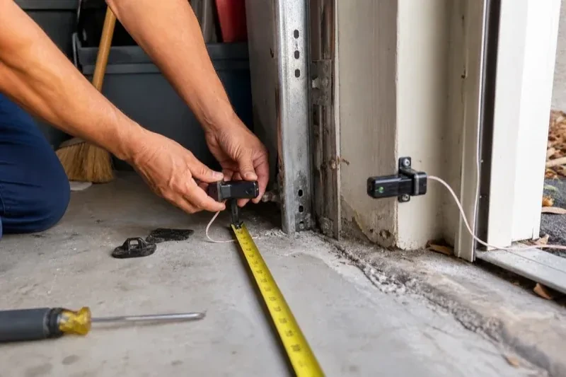 Hands holding a small wired device beside another mounted device and a tape measure at a garage-door opening — Photo-Eye Sensor Alignment or Replacement, Centennial