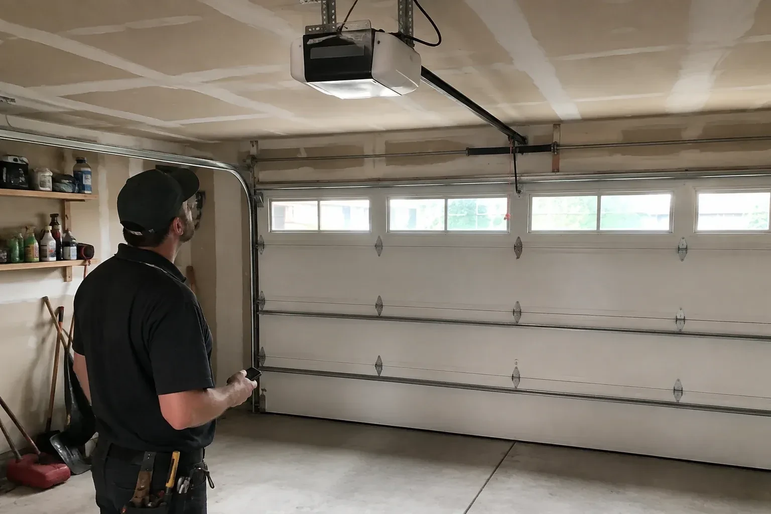 A person looks at an overhead opener above a closed garage door with a row of windows. — Garage Door Opener Replacement, Centennial